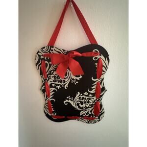 Decorative Hanging Sign Black White Red Ribbon Wall Decor Damask-Style Pattern